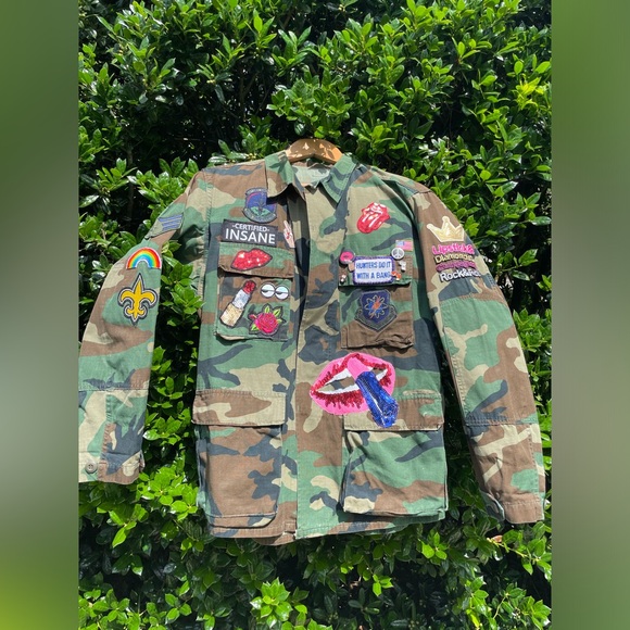 Hand Crafted Jackets & Blazers - Upcycled Handmade By ME Vintage Army Fatigue Camo Jacket Bling Patches Pins